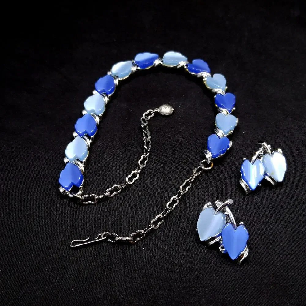1960s Blue Lucite Leaf Necklace & Clip On Earrings Set Silver Tone Vintage